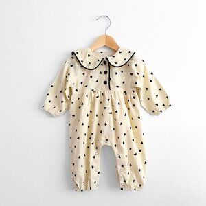 NWT Pretty Girls Long Sleeve One-Piece Romper Corduroy Cream & Black Hearts 6-9M
